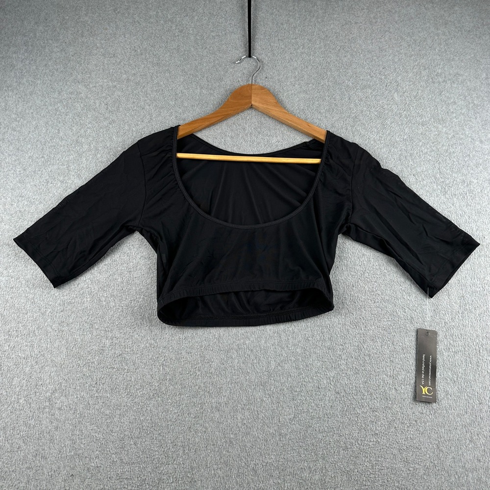 Your Contour Crop Top Womens Medium Black Sheer Mesh Scoop Neck Elbow Sleeve